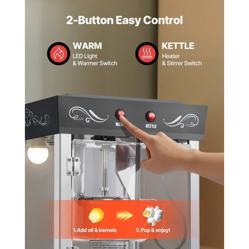 Popcorn Machine with Cart, 8oz Stainless Steel Kettle, 800W Commercial Popcorn Maker, 48 Cups per Batch Theater Style Popper, with 2-Button Control Glass Wall PC Door 1 Scoop 3 Spoons, Black