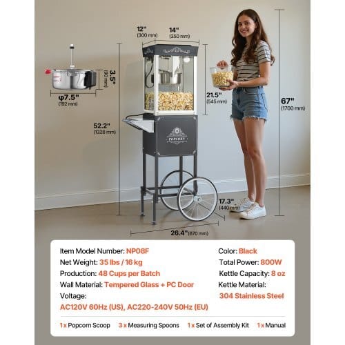 Popcorn Machine with Cart, 8oz Stainless Steel Kettle, 800W Commercial Popcorn Maker, 48 Cups per Batch Theater Style Popper, with 2-Button Control Glass Wall PC Door 1 Scoop 3 Spoons, Black