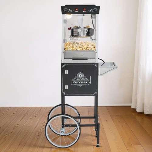 Popcorn Machine with Cart, 8oz Stainless Steel Kettle, 800W Commercial Popcorn Maker, 48 Cups per Batch Theater Style Popper, with 2-Button Control Glass Wall PC Door 1 Scoop 3 Spoons, Black