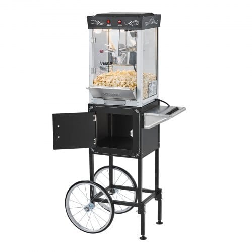 Popcorn Machine with Cart, 8oz Stainless Steel Kettle, 800W Commercial Popcorn Maker, 48 Cups per Batch Theater Style Popper, with 2-Button Control Glass Wall PC Door 1 Scoop 3 Spoons, Black