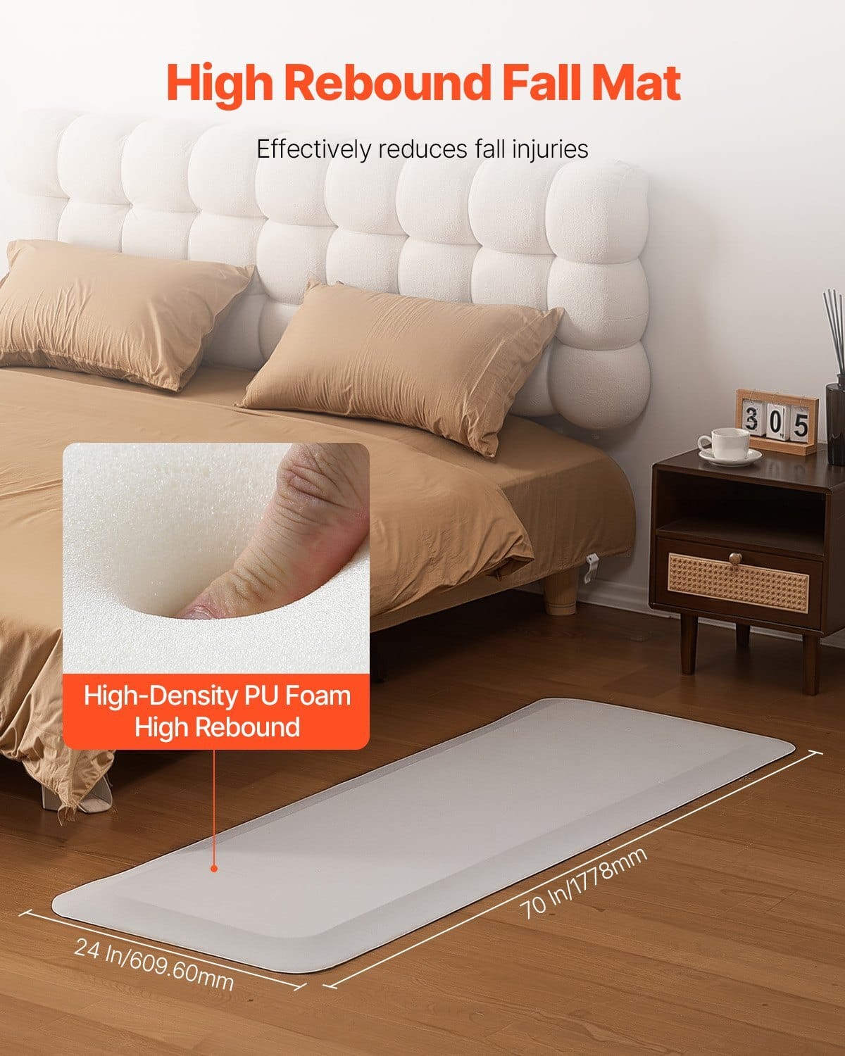 Fall Mat for Elderly, 3/4-inch Thickened Fall Prevention Pad with Beveled Edge, Anti-Slip Bedside Safety Floor Mat for Seniors, Handicaps, Patients (24 x 70 inch)