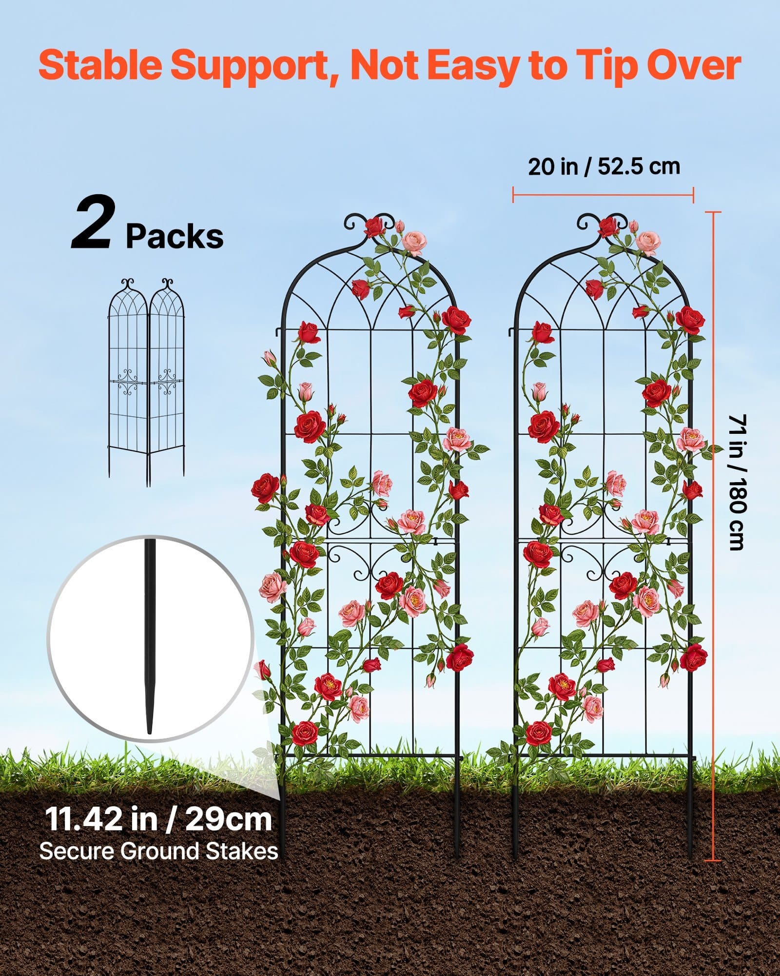 Garden Trellis, 71 x 20 inch Rose Trellis, 2 Packs Garden Flower Rose Trellises with Powder-Coated Finish & Convenient Locking Design, Plant Support Trellises for Flowers, Vegetables, Roses