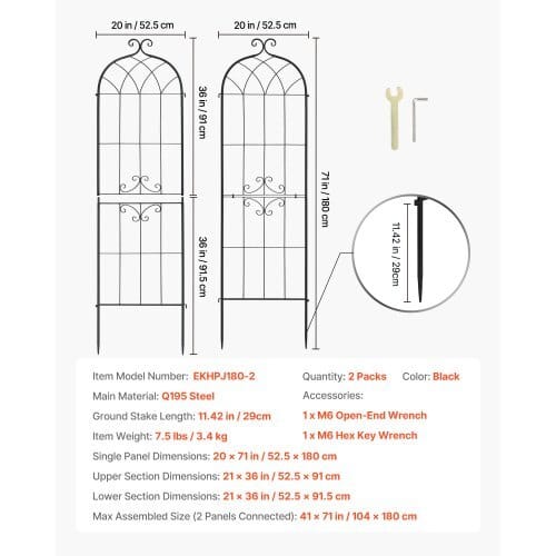 Garden Trellis, 71 x 20 inch Rose Trellis, 2 Packs Garden Flower Rose Trellises with Powder-Coated Finish & Convenient Locking Design, Plant Support Trellises for Flowers, Vegetables, Roses