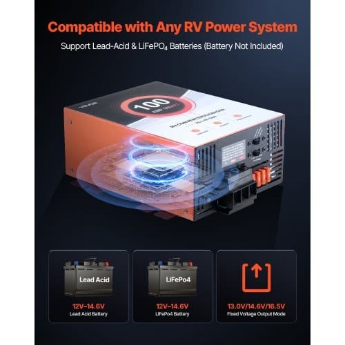 RV Power Converter, 100 Amp, 110V AC to 12V DC RV Converter Battery Charger, Multi Stage Smart Charging, 13V to 16.5V Operating Range, Compatible with Lithium & Lead Acid Battery, for Camper