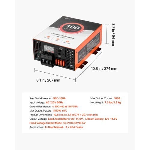 RV Power Converter, 100 Amp, 110V AC to 12V DC RV Converter Battery Charger, Multi Stage Smart Charging, 13V to 16.5V Operating Range, Compatible with Lithium & Lead Acid Battery, for Camper
