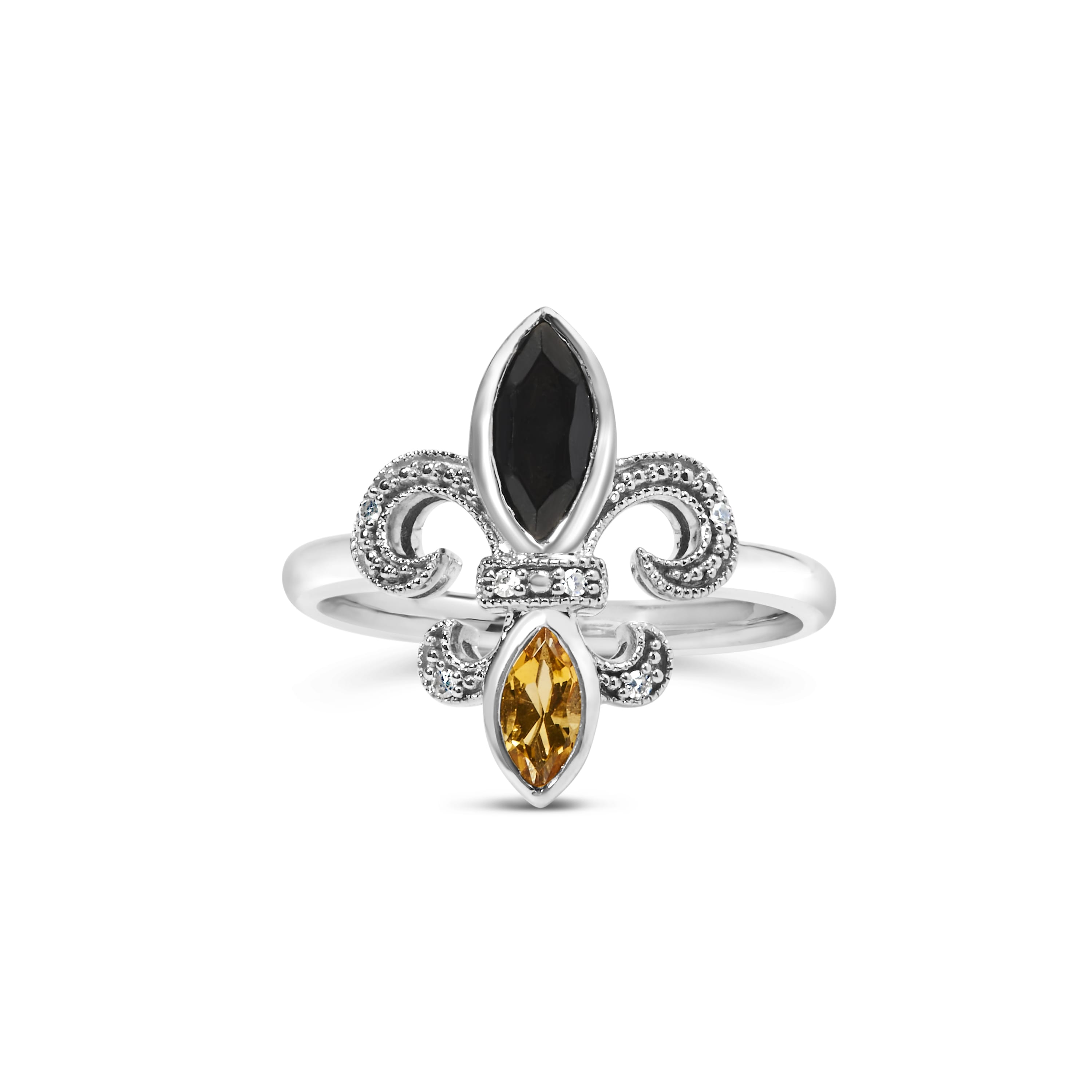 .925 Sterling Silver Black Onyx and Yellow Citrine Marquise and Diamond Accent Fleur De Lis Ring (H-I Color, SI1-SI2 Clarity) - Size 6.5