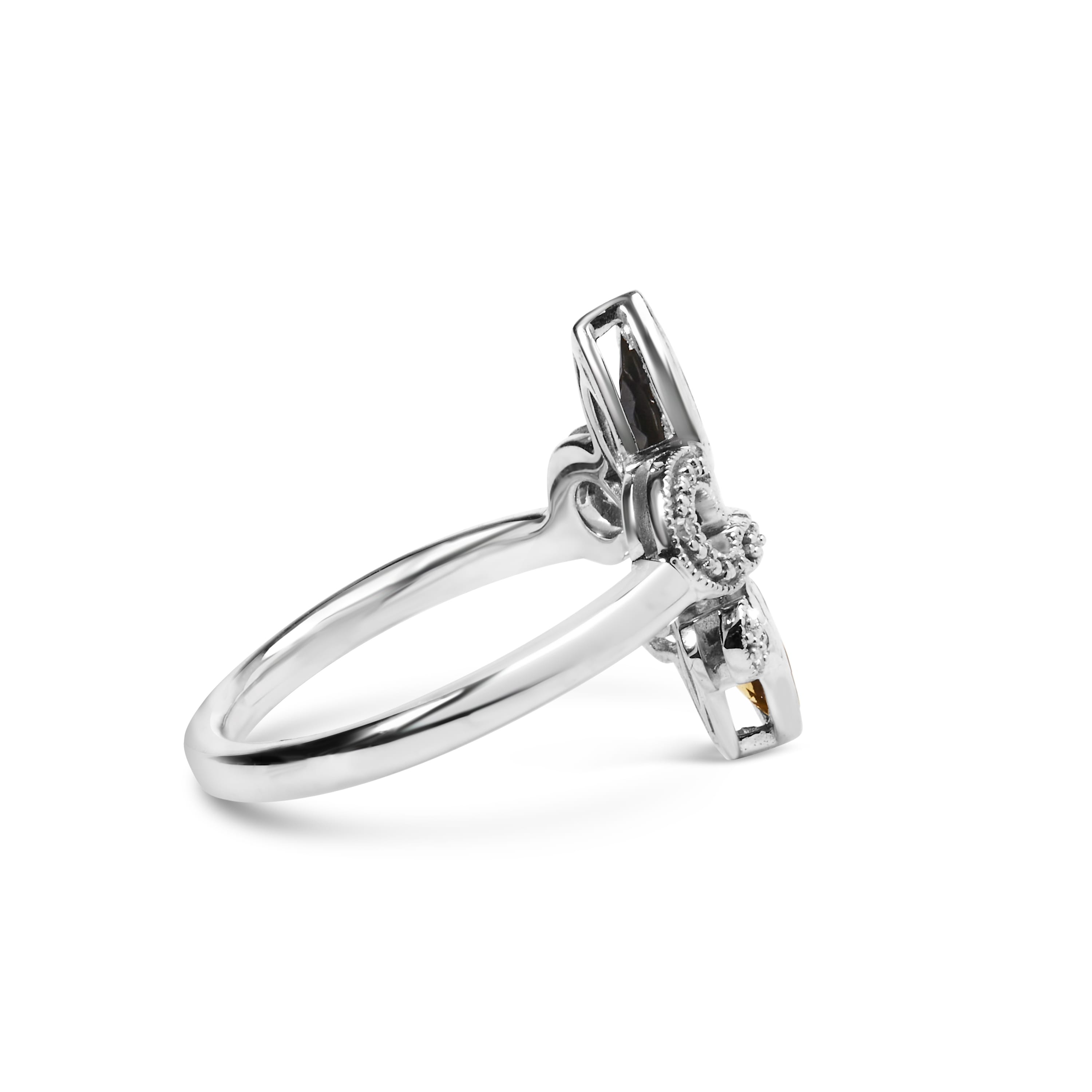 .925 Sterling Silver Black Onyx and Yellow Citrine Marquise and Diamond Accent Fleur De Lis Ring (H-I Color, SI1-SI2 Clarity) - Size 6.5