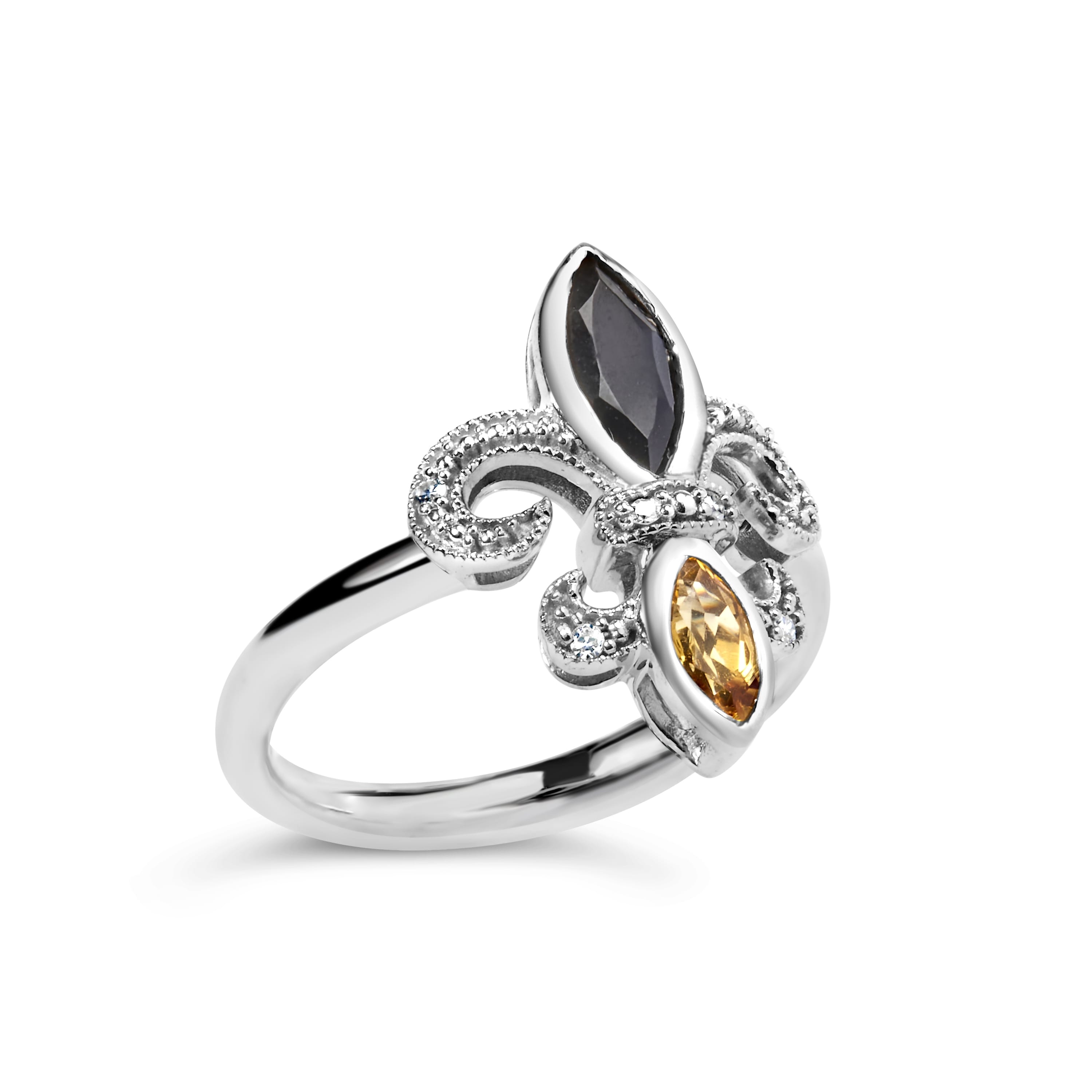 .925 Sterling Silver Black Onyx and Yellow Citrine Marquise and Diamond Accent Fleur De Lis Ring (H-I Color, SI1-SI2 Clarity) - Size 6.5