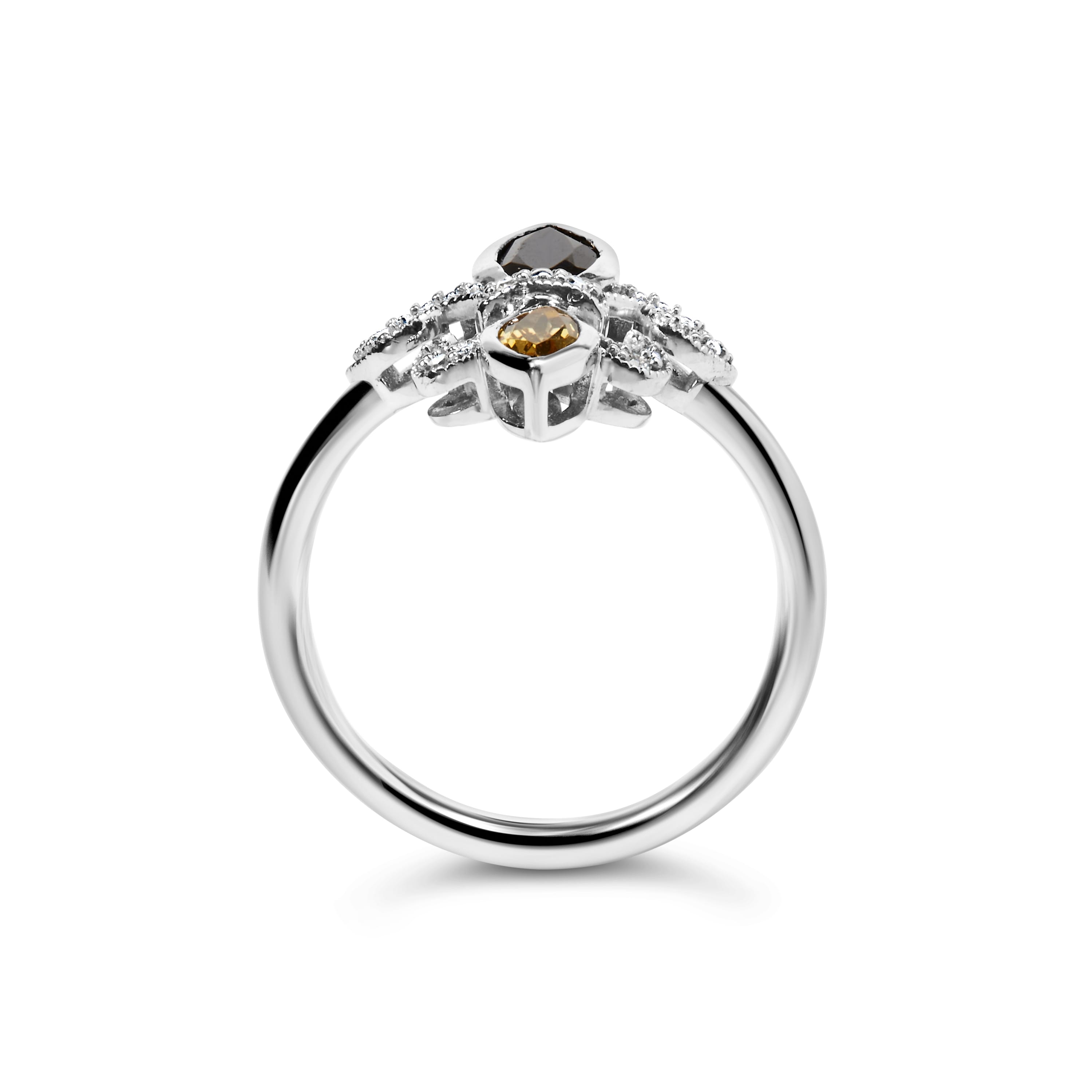 .925 Sterling Silver Black Onyx and Yellow Citrine Marquise and Diamond Accent Fleur De Lis Ring (H-I Color, SI1-SI2 Clarity) - Size 6.5