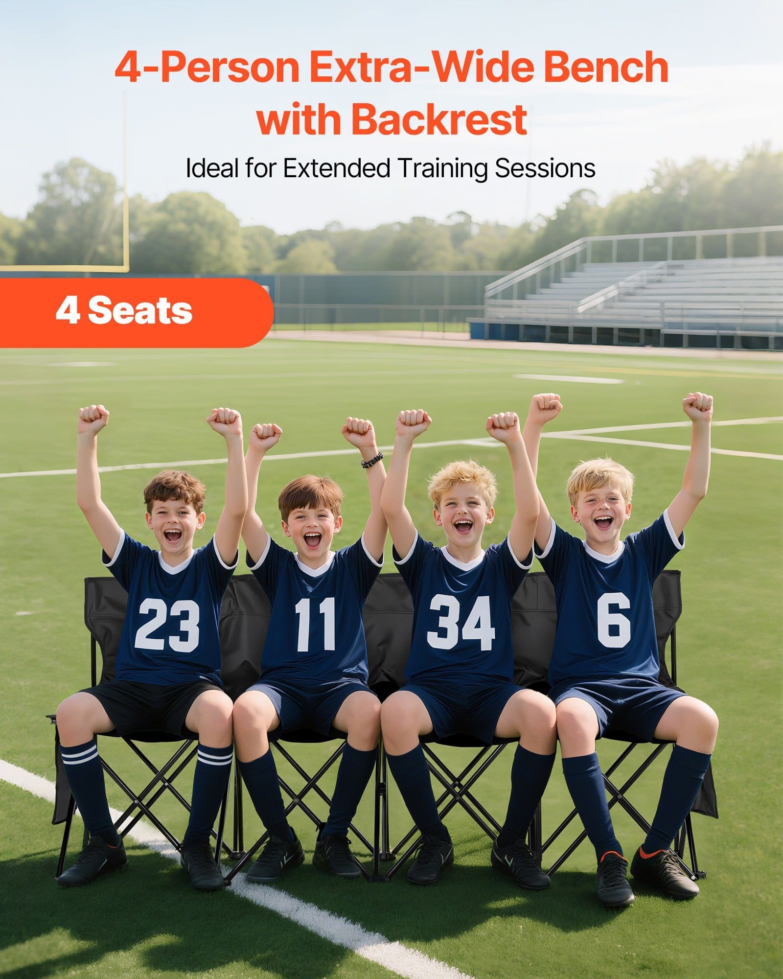 Portable Folding Bench, 4 Seat Foldable Soccer Bench with Side Pockets and Carrying Bag, Lightweight Sideline Seating with Back Rest for Football, Baseball, Camping, Outdoor Events, Black