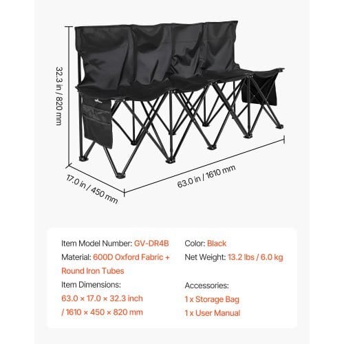 Portable Folding Bench, 4 Seat Foldable Soccer Bench with Side Pockets and Carrying Bag, Lightweight Sideline Seating with Back Rest for Football, Baseball, Camping, Outdoor Events, Black