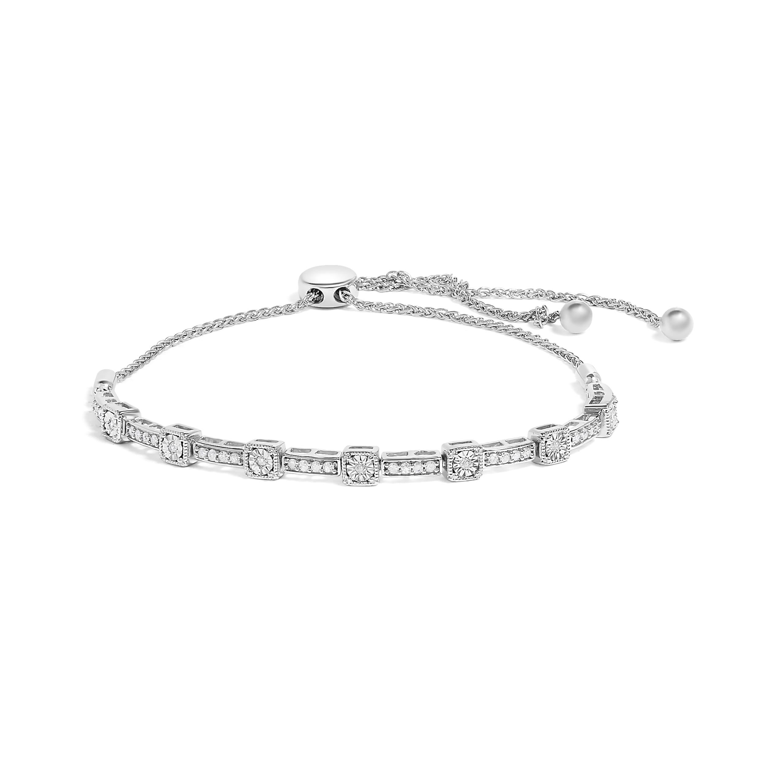 .925 Sterling Silver 1/4 Cttw Diamond 4"-10" Adjustable Bolo Alternating Square and Rectangle Bolo Bracelet (I-J Color, I3 Clarity)