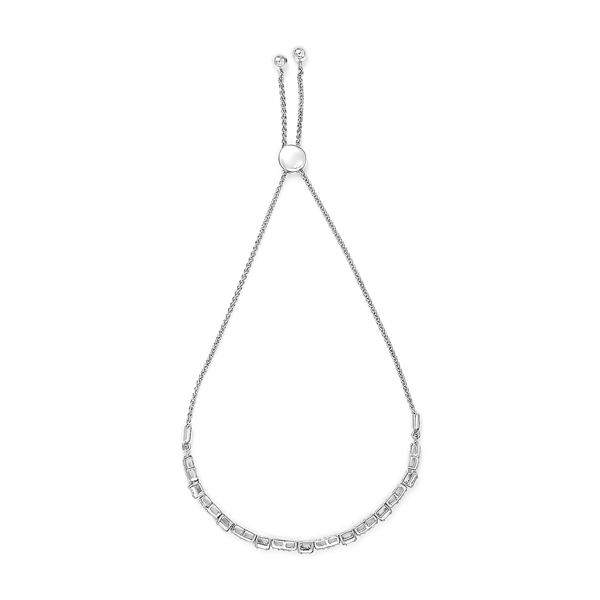 .925 Sterling Silver 1/4 Cttw Diamond 4"-10" Adjustable Bolo Alternating Square and Rectangle Bolo Bracelet (I-J Color, I3 Clarity)