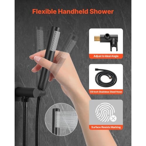 Shower Faucet Set, Rainfall Bathroom Shower System with 10-Inch Round Rain Shower Head and Handheld Spray, Wall Mounted Bath Fixtures with Brass Valve and Trim Kit, Matte Black