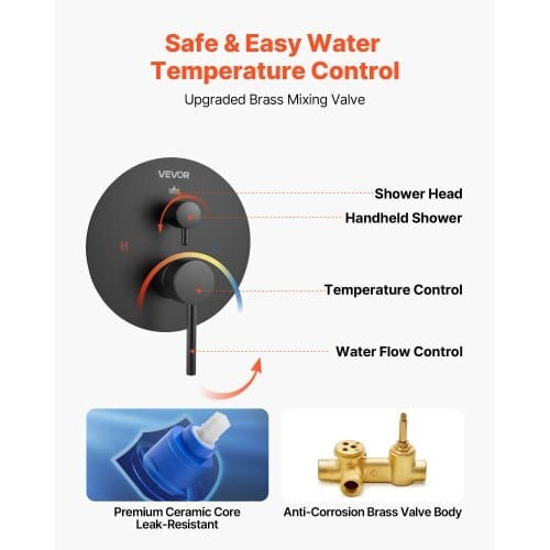 Shower Faucet Set, Rainfall Bathroom Shower System with 10-Inch Round Rain Shower Head and Handheld Spray, Wall Mounted Bath Fixtures with Brass Valve and Trim Kit, Matte Black