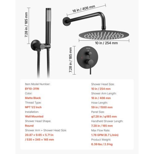 Shower Faucet Set, Rainfall Bathroom Shower System with 10-Inch Round Rain Shower Head and Handheld Spray, Wall Mounted Bath Fixtures with Brass Valve and Trim Kit, Matte Black