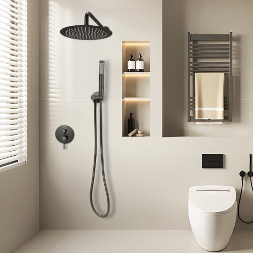 Shower Faucet Set, Rainfall Bathroom Shower System with 10-Inch Round Rain Shower Head and Handheld Spray, Wall Mounted Bath Fixtures with Brass Valve and Trim Kit, Matte Black