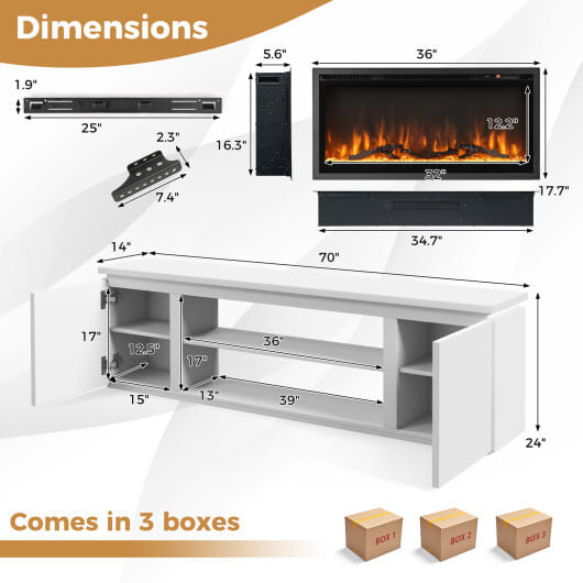 Fireplace TV Stand for TVs up to 80 Inch with 3 Adjustable Shelves-White - Color: White