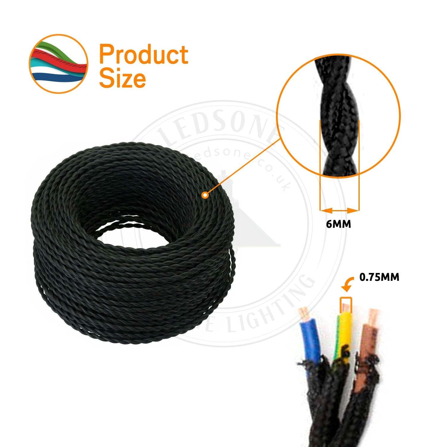 18 Gauge 3 Conductor Twisted Cloth Covered Wire Braided Light Cord Black &White ~ 1670