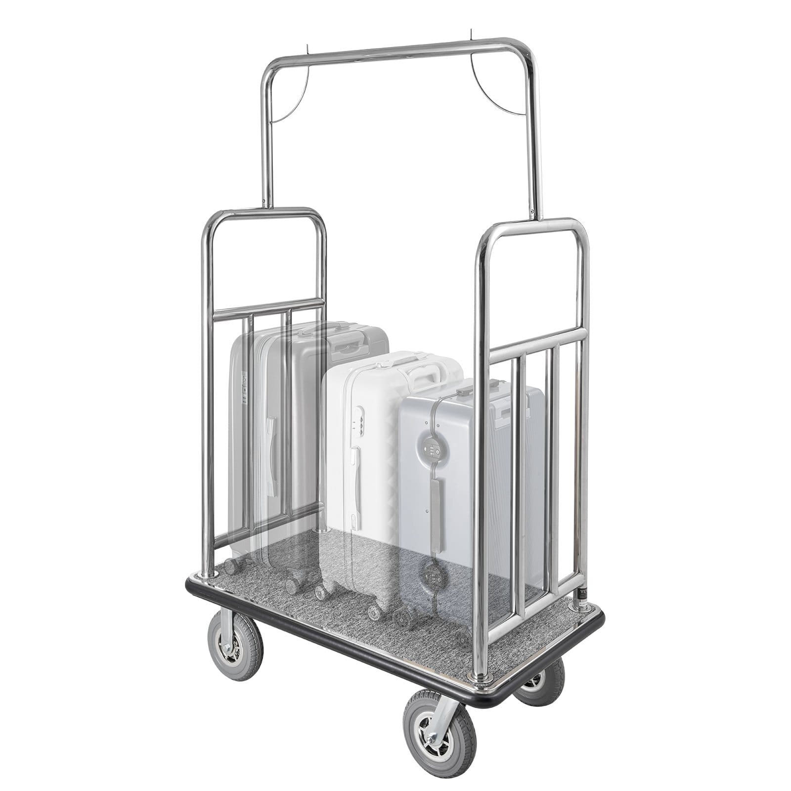 Hotel Luggage Cart, 1200 LBS Load Capacity, Brushed Stainless Steel Finish Bellman's Cart, Valet Cart with Grey Carpeted Deck and 8-inch Rubber Wheels, Ideal for Hotels, Condos, Resorts, Silver