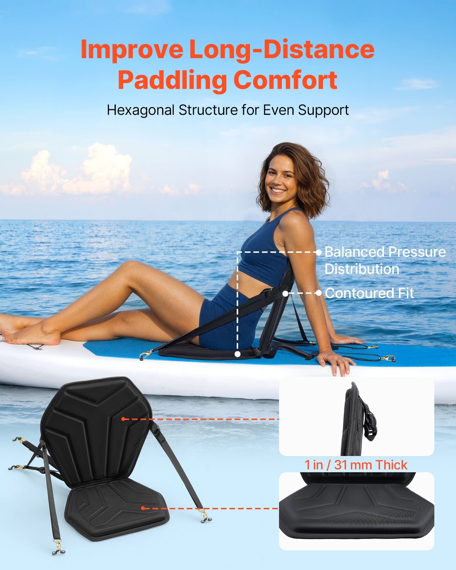 Kayak Seat, 1 Pack 1" Thick, Universal Paddle Board Seat with Back Support, Hexagonal Sit-on-Top Soft Padded Cushion with Storage Bag & Adjustable Straps for SUP, Fishing Boat, Inflatable Kayak