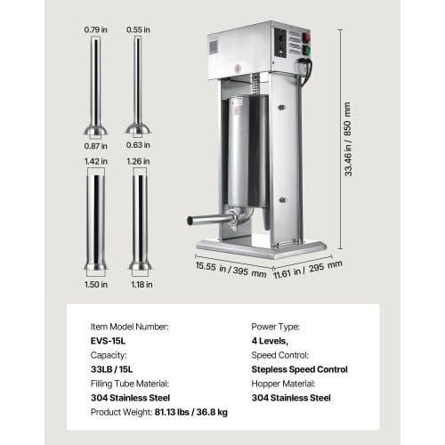 Electric Sausage Stuffer, 33 LBS / 15 L Vertical Meat Stuffer, Stepless Speed Control and Foot Pedal, Stainless Steel Heavy Duty Sausage Filler with 4 Stuffing Tubes, for Commercial & Home Use
