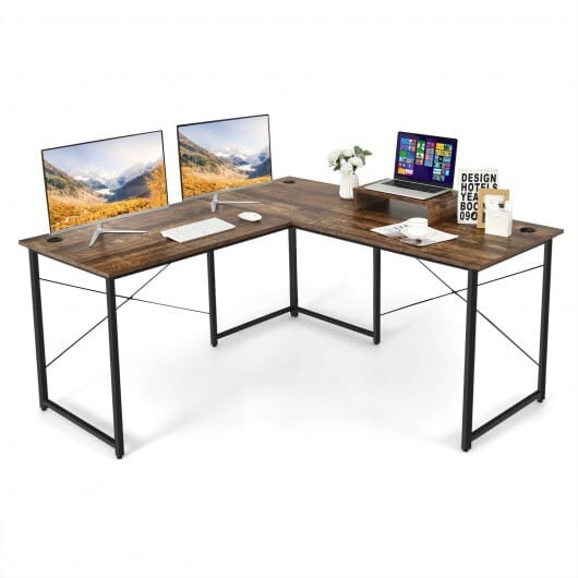 95 Inch 2-Person L-Shaped Long Reversible Computer Desk with Monitor Stand-Rustic Brown - Color: Rustic Brown