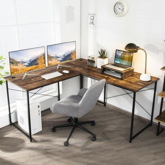 95 Inch 2-Person L-Shaped Long Reversible Computer Desk with Monitor Stand-Rustic Brown - Color: Rustic Brown