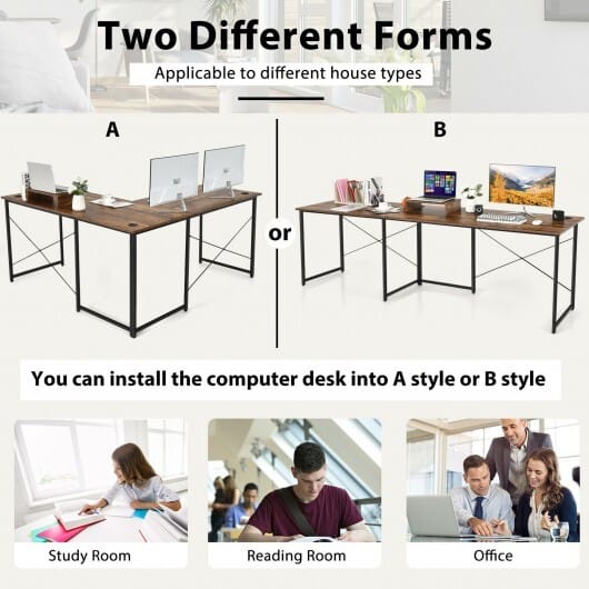 95 Inch 2-Person L-Shaped Long Reversible Computer Desk with Monitor Stand-Rustic Brown - Color: Rustic Brown
