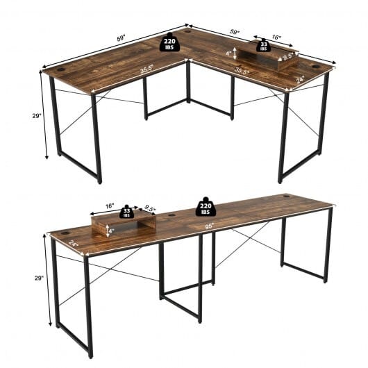 95 Inch 2-Person L-Shaped Long Reversible Computer Desk with Monitor Stand-Rustic Brown - Color: Rustic Brown