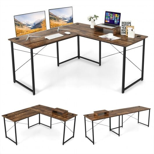 95 Inch 2-Person L-Shaped Long Reversible Computer Desk with Monitor Stand-Rustic Brown - Color: Rustic Brown