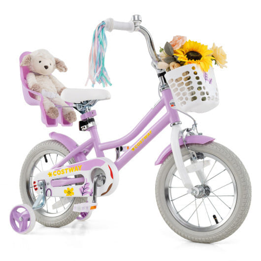 Costway 14 Inch Girls Bike Kids Bicycle with Doll Seat and Streamers for Children 3-5 Years Old Purple - Color: Purple - Size: 14 inches