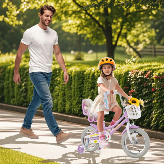 Costway 14 Inch Girls Bike Kids Bicycle with Doll Seat and Streamers for Children 3-5 Years Old Purple - Color: Purple - Size: 14 inches