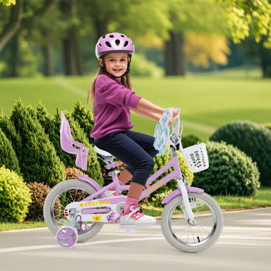 Costway 14 Inch Girls Bike Kids Bicycle with Doll Seat and Streamers for Children 3-5 Years Old Purple - Color: Purple - Size: 14 inches