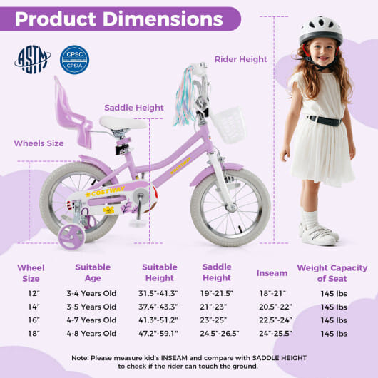 Costway 14 Inch Girls Bike Kids Bicycle with Doll Seat and Streamers for Children 3-5 Years Old Purple - Color: Purple - Size: 14 inches