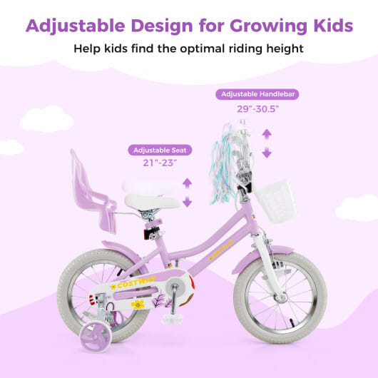 Costway 14 Inch Girls Bike Kids Bicycle with Doll Seat and Streamers for Children 3-5 Years Old Purple - Color: Purple - Size: 14 inches