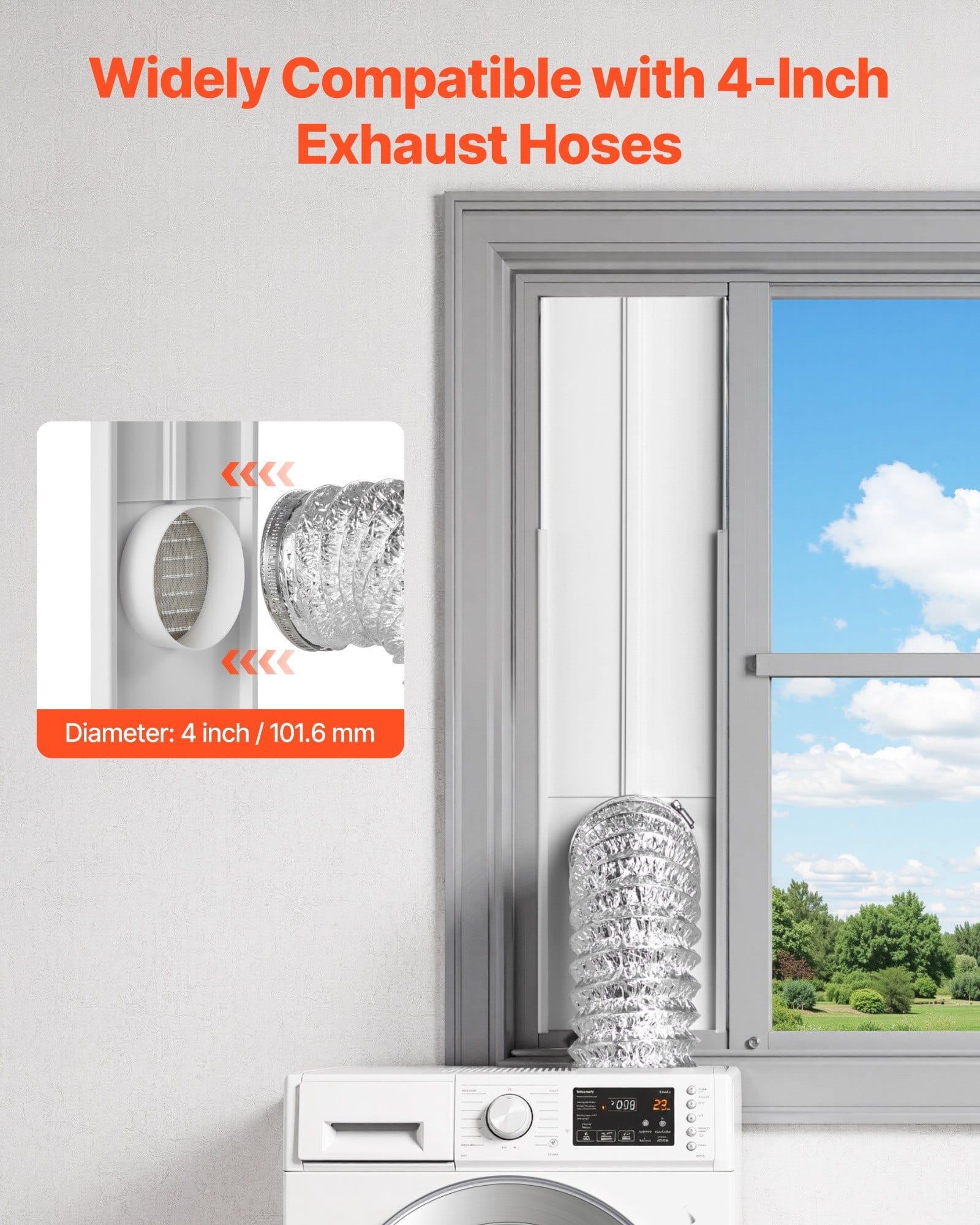 Dryer Vent Window Kit, Fits 4-Inch Exhaust Hoses, Adjustable Length for Adapts Sliding Windows of Different Heights, Sturdy PVC and PP Materials, Dual Protections & Multi-layer Sealing Design