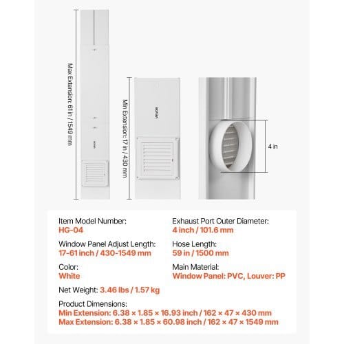 Dryer Vent Window Kit, Fits 4-Inch Exhaust Hoses, Adjustable Length for Adapts Sliding Windows of Different Heights, Sturdy PVC and PP Materials, Dual Protections & Multi-layer Sealing Design