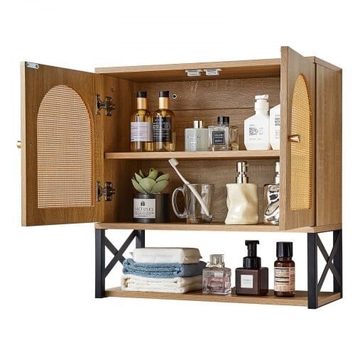 Bathroom Wall Cabinet, with 2 Doors and Adjustable Shelf, Over the Toilet Storage Medicine Cabinet Wall Mounted, Hanging Organizer with Shelves & Open Partition for Laundry Room Kitchen Restroom