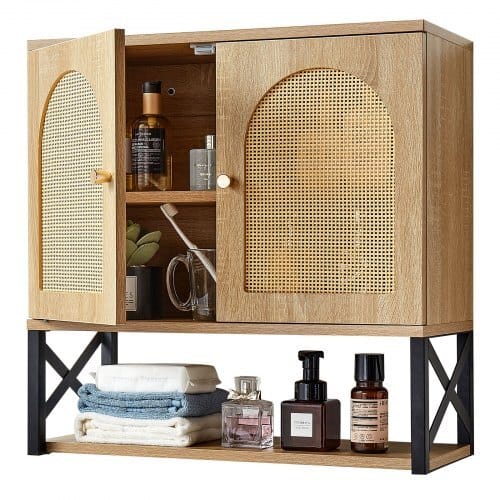 Bathroom Wall Cabinet, with 2 Doors and Adjustable Shelf, Over the Toilet Storage Medicine Cabinet Wall Mounted, Hanging Organizer with Shelves & Open Partition for Laundry Room Kitchen Restroom