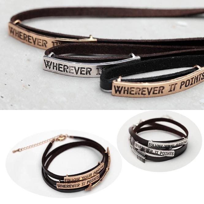 Style: Gold - Follow Your Arrow Genuine Leather Bracelet In Yellow And White Gold Plating