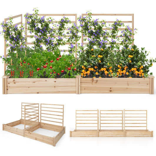 Raised Garden Bed with 2 Planter Boxes and 3 Trellis-Natural - Color: Natural