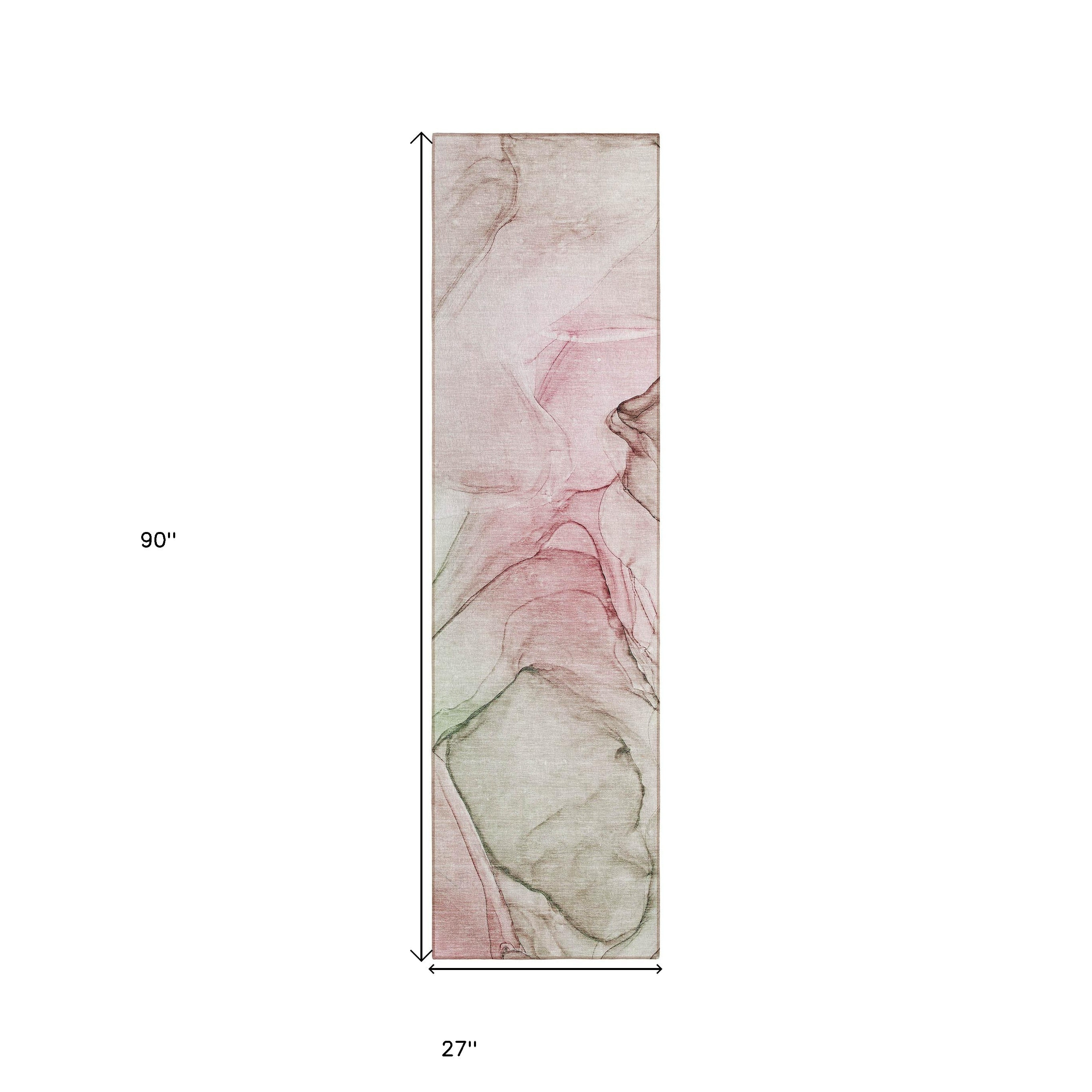 8' Runner Gray and Pink Abstract Washable Non Skid Indoor Outdoor Runner Rug