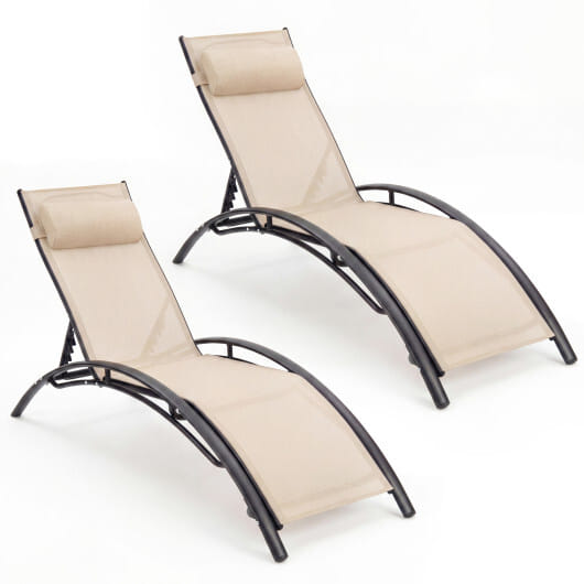Patio Chaise Lounges Set of 2 Outdoor Recliner with 5-Position Backrest-Beige - Color: Beige