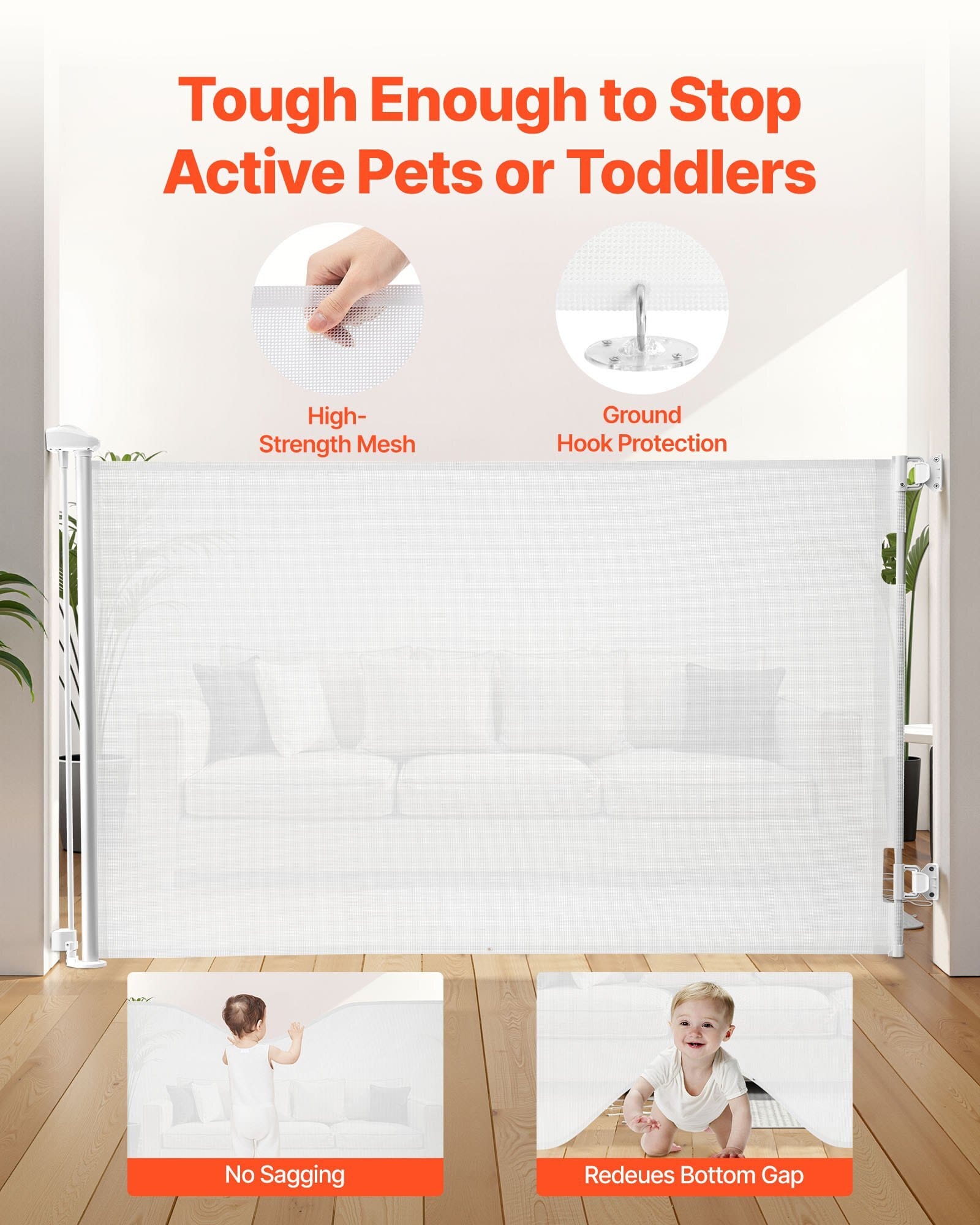Retractable Baby Gate, Extends to 57 inch Wide, 38.5 inch Tall, with Security Lock, Easy to Use, Walk Through Without Tripping, Mesh Dog Gate for Stairs, Hallways, Indoor/Outdoor, White