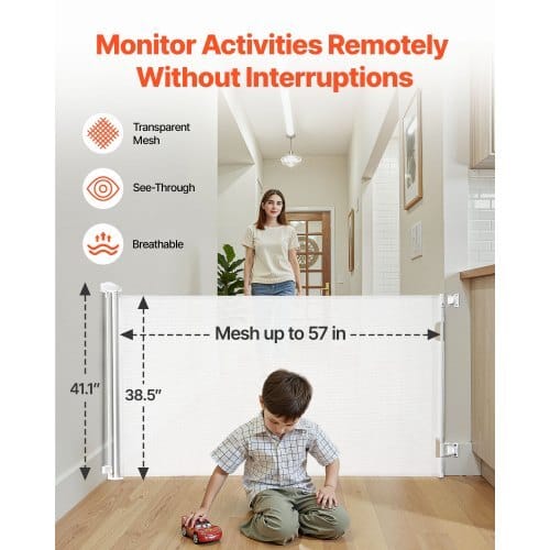 Retractable Baby Gate, Extends to 57 inch Wide, 38.5 inch Tall, with Security Lock, Easy to Use, Walk Through Without Tripping, Mesh Dog Gate for Stairs, Hallways, Indoor/Outdoor, White