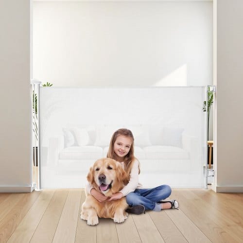 Retractable Baby Gate, Extends to 57 inch Wide, 38.5 inch Tall, with Security Lock, Easy to Use, Walk Through Without Tripping, Mesh Dog Gate for Stairs, Hallways, Indoor/Outdoor, White
