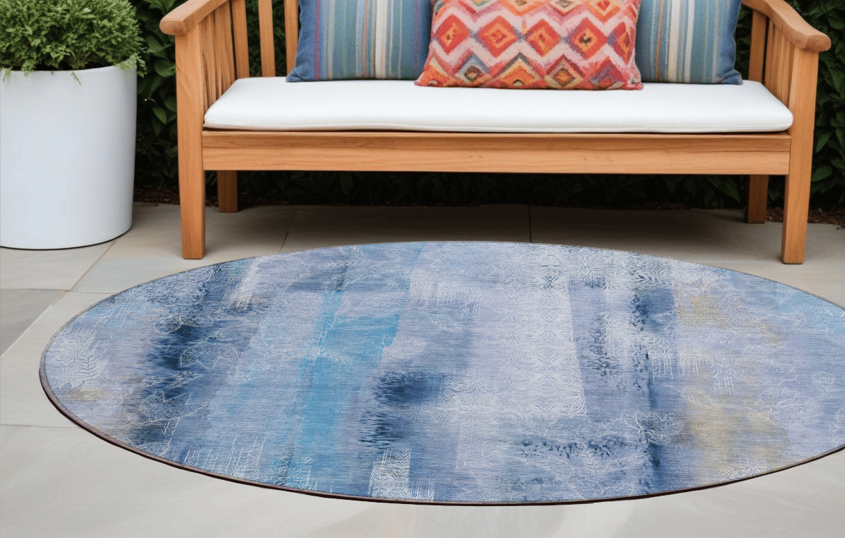 8' Round Blue Round Washable Non Skid Indoor Outdoor Area Rug