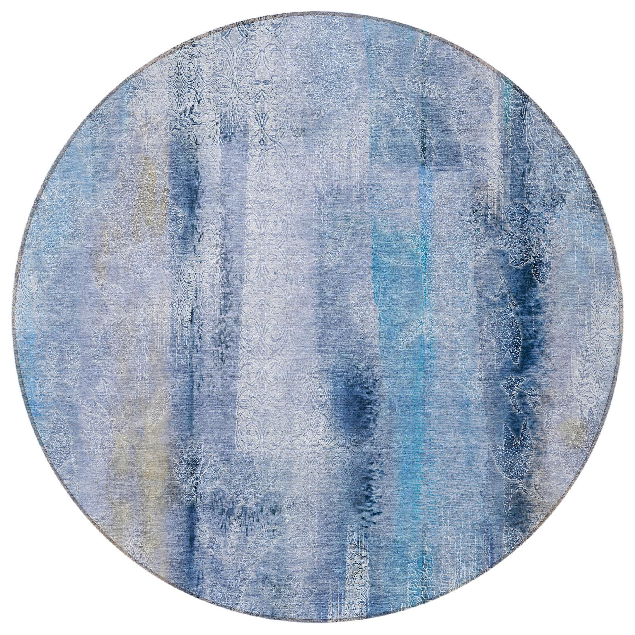 8' Round Blue Round Washable Non Skid Indoor Outdoor Area Rug