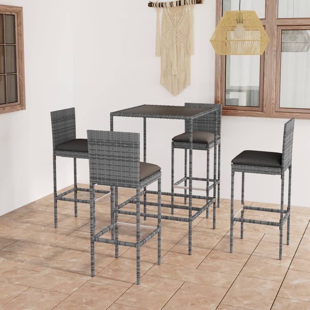 5 Piece Patio Bar Set with Cushions Poly Rattan Gray